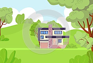 Concept green forest house countryside, outdoor woodland area cottage flat vector illustration, design creative country photo