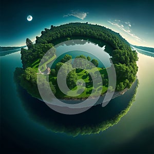 Concept of green planet showing the environment with trees, grass and lake on cloudy sky background.