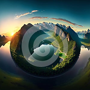 Concept of green planet showing the environment with trees, grass and lake on cloudy sky background.