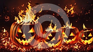 A Group Of Carved Pumpkins Sitting On Top Of A Pile Of Fire. Generative AI