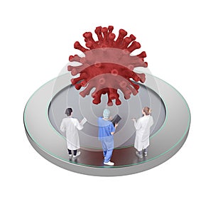 Concept group doctors examines coronavirus cell