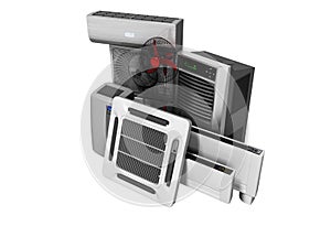 Concept group of equipment for cooling and air conditioning and insulation 3d render on white background no shadow