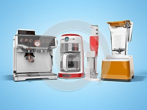 Concept group of household appliances for the kitchen rozhkovy coffee machine coffee maker blender 3d render illustration on blue