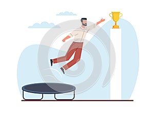 Concept of growth and achievement, businessman jumps on trampoline to get trophy. Success career and startup, way to