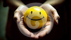 The concept of happiness, emoji smiles in the palms, dark background. AI generated.