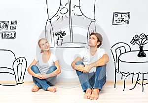 Concept : happy couple in new apartment dream and plan interior