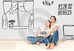 Concept : happy couple in new apartment dream and plan interior