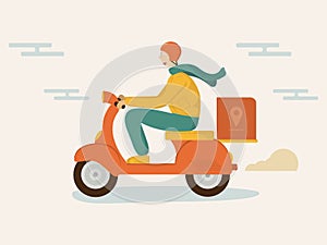 A concept of happy delivery young man. A guy riding orange scooter or moped fast. Characters. Flat vector illustration.