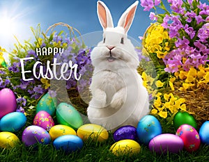 Concept Happy Easter. Congratulatory easter background. Easter eggs, bunny and flowers. (Generative AI