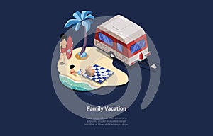 Concept Of Happy Family Summer Vacations. Dad With Son On The Beach Near Luxury Camping Trailer And Palm Tree. Son