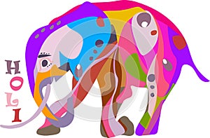 Concept for the Happy Holi holiday of a decorated elephant kneel