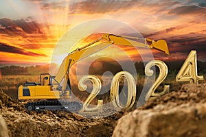 Concept Happy new year 2024,crawler excavator with lift up bucket is in construction site .