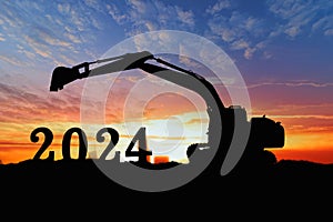 Concept happy new year 2024,crawler excavator silhouette