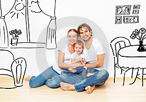 Concept : happy young family in new apartment dream and plan interior