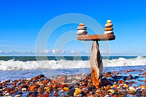 Concept of harmony and balance. Balance stones against the sea.