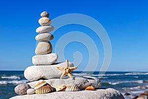 Concept of harmony and balance. Rock Zen of seashells on a backg