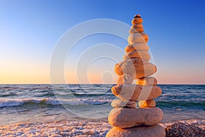 Concept of harmony and balance. Rock Zen at sunset. Balance and poise stones against the sea