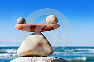 Concept of harmony and balance. Balance stones against the sea.