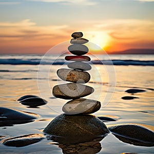 Concept of harmony and balance, zen stones during sunset