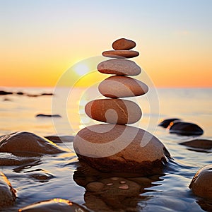 Concept of harmony and balance, zen stones during sunset