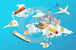 The concept of harvest, export, import. Isometric Grain Export. Global logistics network, logistic import export and