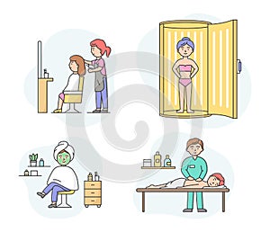 Concept Of Health Care And Beauty. Set Of People Visiting Spa Salon And Make Different Procedures. Boys And Girls Visit