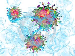 Concept of health care in epidemic time: washing up coronavirus with water and soap bubbles