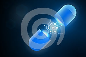 Concept of health care technology, graphic of realistic transparent pill with abstract futuristic DNA inside.