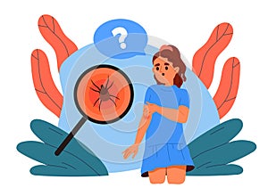 concept of health concern. Worried girl looking at her arm with a magnified spider bite, against an abstract background