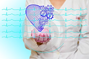 Concept of health and medicine - female doctor holding a red heart with gears with ecg lines