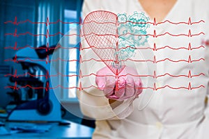 Concept of health and medicine - female doctor holding a red heart with gears with ecg lines