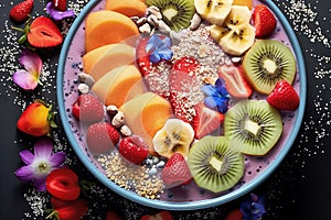 Concept of healthy breakfast with fresh fruits, berries and nuts, balanced diet nutrient-rich, close-up photography. Generative AI