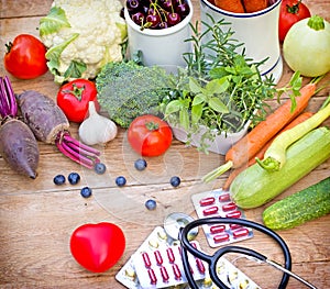 Concept of a healthy diet with supplements