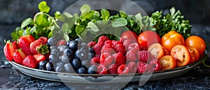 Concept Healthy Eating, Heartshaped platter with fresh fruits and veggies ideal for healt
