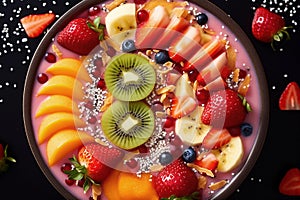 Concept of healthy eating, nutrient rich breakfast food, balanced diet for weight loss with fruits, seeds and berries. Close-up