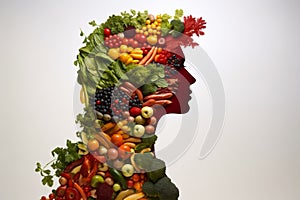 Concept of healthy eating. Silhouette of a woman made of fruits and vegetables