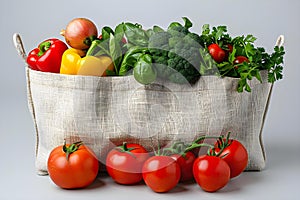 Concept Healthy Eating, Tote bag with fresh produce on white background healthy grocery items