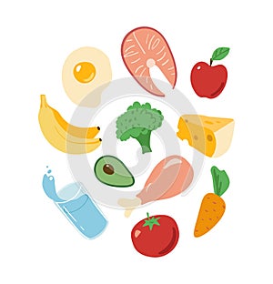 The concept of healthy food, products for a complete healthy diet, fish, cheese, meat, vegetables. Flat vector