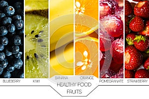 Concept of healthy food. Seasonal fruits represented in side by side on white background with names and