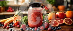 Concept Healthy Fresh fruits and vegetables blended into a healthy smoothie on a kitchen counter