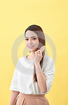 Concept of healthy good hair. Pretty beautiful charming woman with beaming smile