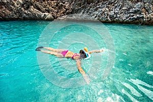 Concept of healthy living, sports and watersport details. Snorkeling with special equipment in clear wather