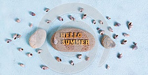 Concept hello summer text on stone surrounded by seashells on blue background top view web banner