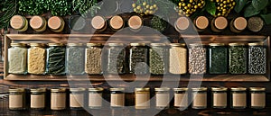 Concept Herbs, Spices, Wooden Shelf, Kitchen Artful Array of Herbs and Spices on Wooden Shelf