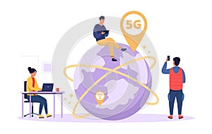 Concept high speed internet 5G. Smartphone wireless technology, wifi connection. Cartoon tiny people workers