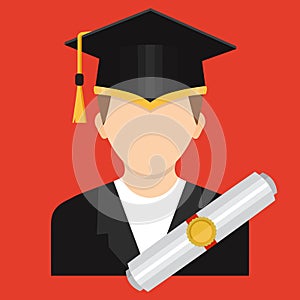 A graduate of a college or school in a graduate`s hat with a cer photo