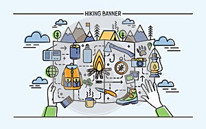 Concept of hiking, backpacking, active vacation, travel. Horizontal banner with tourist accessories and bonfire, tent photo