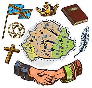 The concept of history on earth. Education, religion and old ancient symbols. Handshake Map Book Flag Crown. Hand drawn