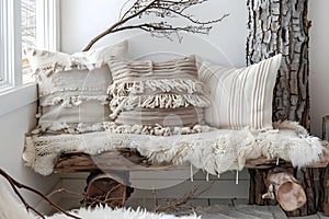 Concept Home Bohemian Interior Design Featuring Tree Trunk Bench Pillows and Dried Twig Decor