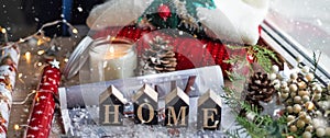 Concept of Home and comfort. Christmas decor Warm sweater, candles, Christmas tree. Word Home. Winter mood, Cozy Home